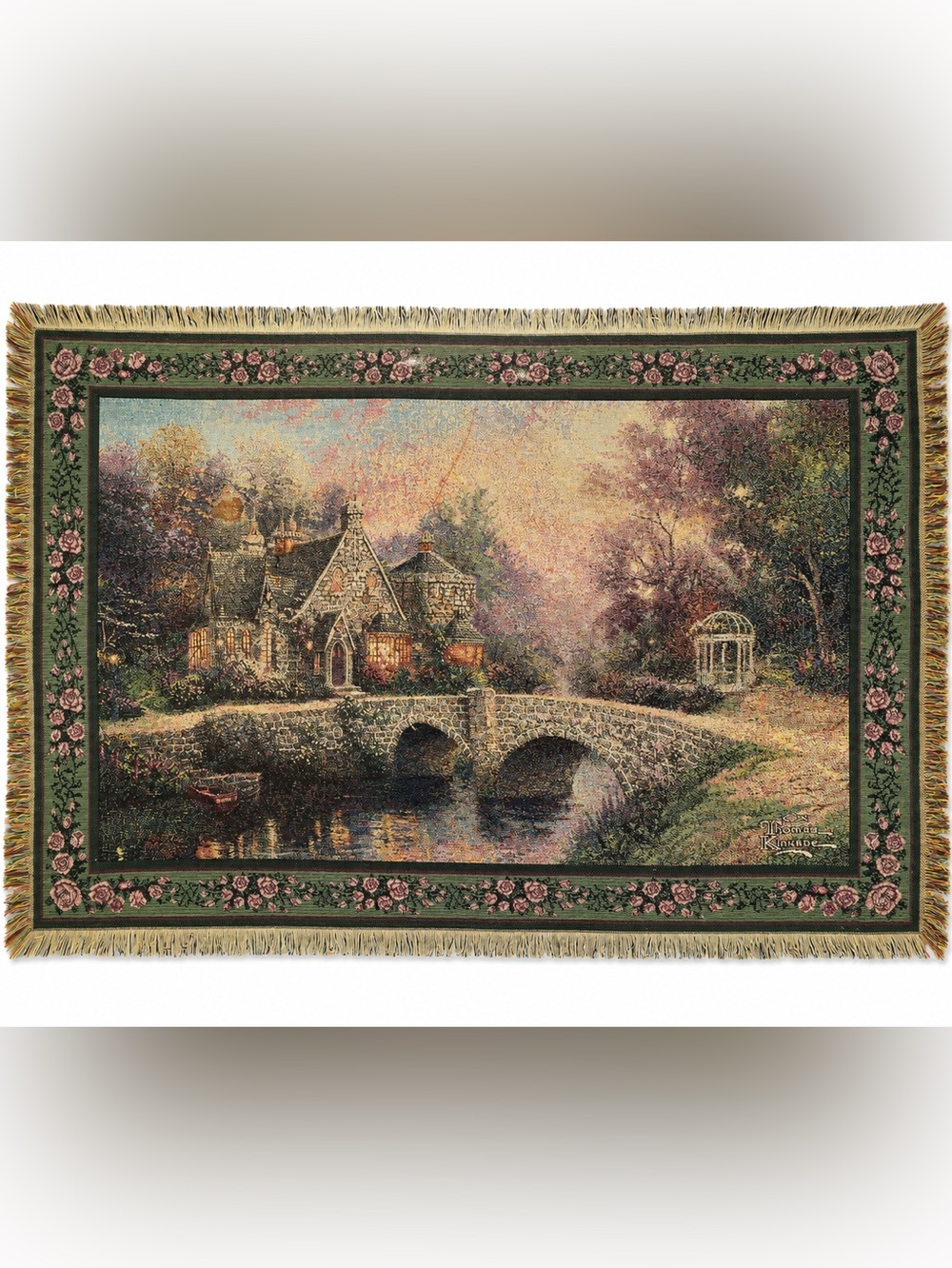 Thomas Kinkade Woven Tapestry Throw Blanket Cottage Bridge Floral Fringe Decor